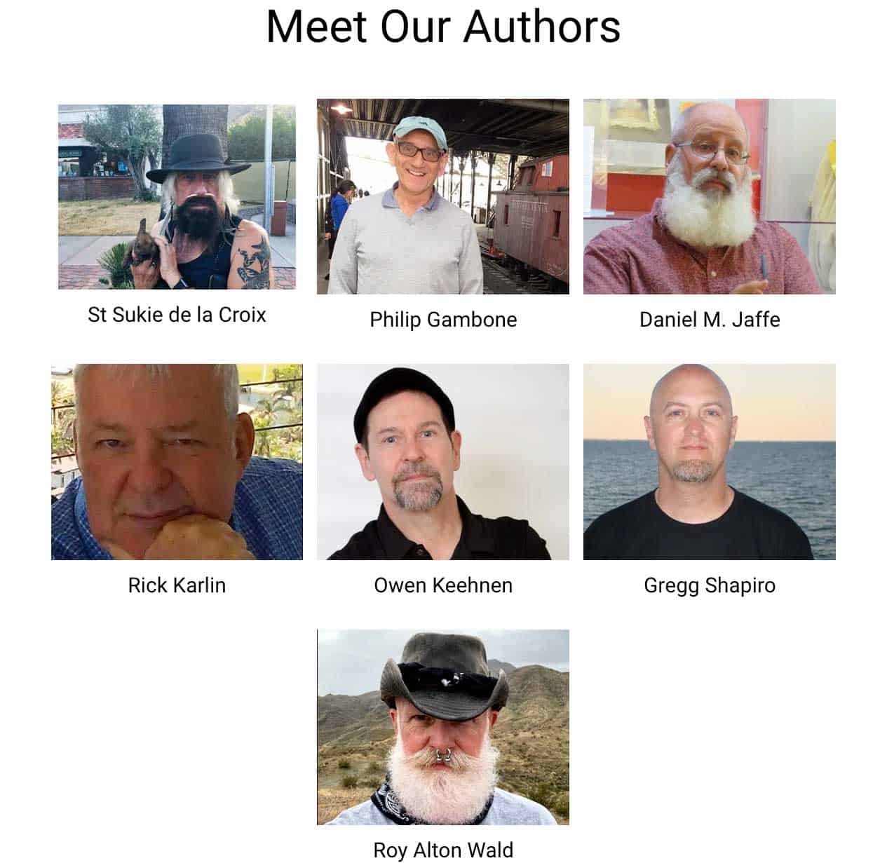 Portrait of Rattling Good Yarns press authors team featuring six diverse writers and storytelling enthusiasts.