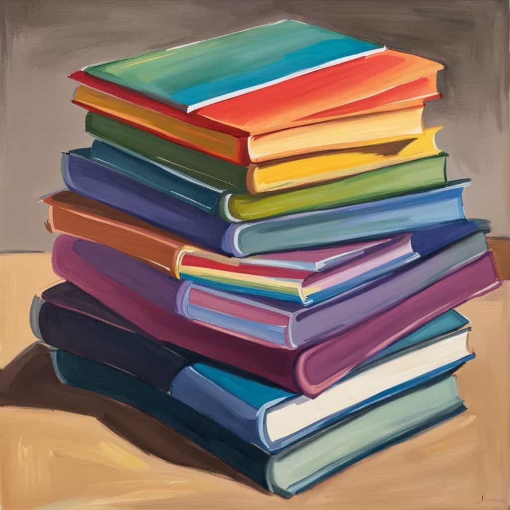 Rainbow stack fo books.
