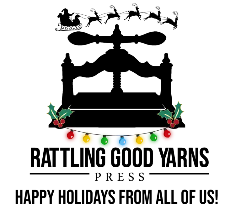 Rattling Good Yarns Logo with holiday decorations around it.