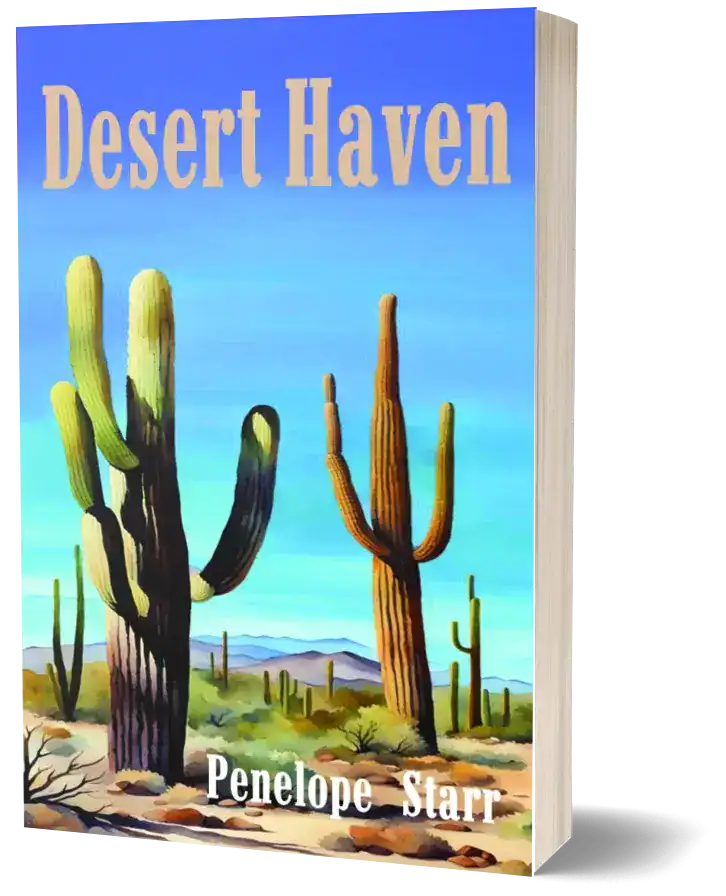 Front cover of the collection of stories , "Desert Haven" by Penelope Starr. The image is a water color of the Arizona desert.