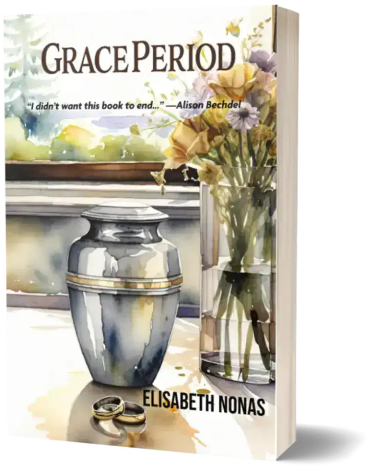 Grace Period, a novel by Elisabeth Nonas, Front Cover. The front cover is an image of a cremation urn, next to a vase of older flowers. On the table in front of the urn are two gold wedding bands.