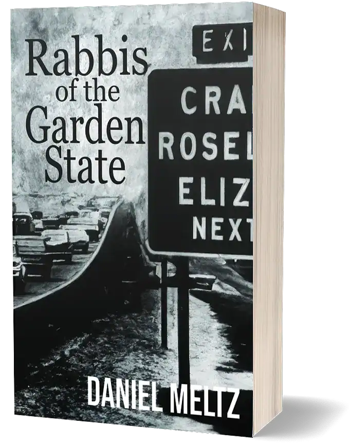 Vintage book cover for "Rabbis of the Garden State" by Daniel Melitz, featuring highway signage and multiple cars.