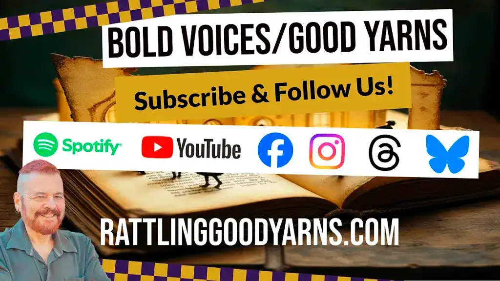 Banner for Bold Voices/Good Yarns Podcast feature a photograph of the host.