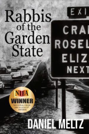 Vintage black and white book cover with highway sign and cars, Rabbis of the Garden State. On the front cover is a badge for the 2026 NIEA winner award in the best LGBTQIA+ category.