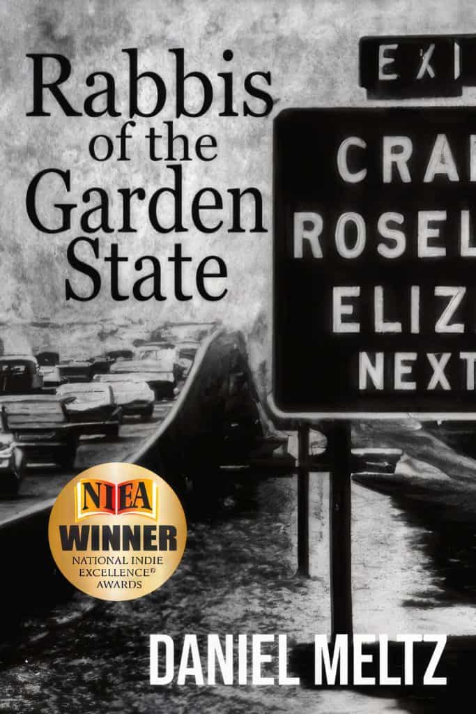 Vintage black and white book cover with highway sign and cars, Rabbis of the Garden State. On the front cover is a badge for the 2026 NIEA winner award in the best LGBTQIA+ category.