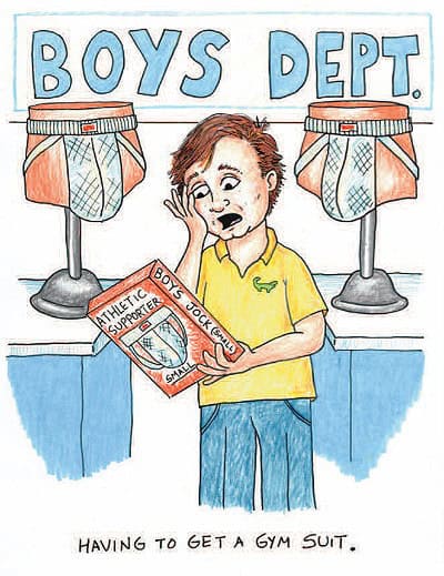 Drawing of young Dan, embarrassed about buying a jock strap for gym.