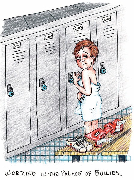 Drawing of young Dan, wrapped in a towel in the boy's locker room, afraid of the bullies.
