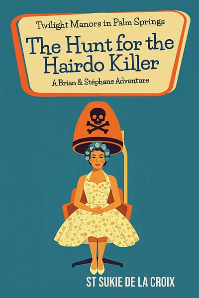 The front cover of Twilight Manors in Palm Springs: The Hunt for the Hairdo Killer. The title is on a 1960’s mid-century modern style trapezoidal shape with a pale yellow background and an orange border. The background of the cover is a dark teal. The image on the cover is a woman with hair curlers, sitting in an orange beauty salon chair. She is dressed in a retro-stryly 1950’s light yellow dress with darker yellow polka dots. Above her head is the hood of an old fashioned beauty parlor hair dryer. The hood of the hair dryer is orange and has a black skull and cross bones on it.
