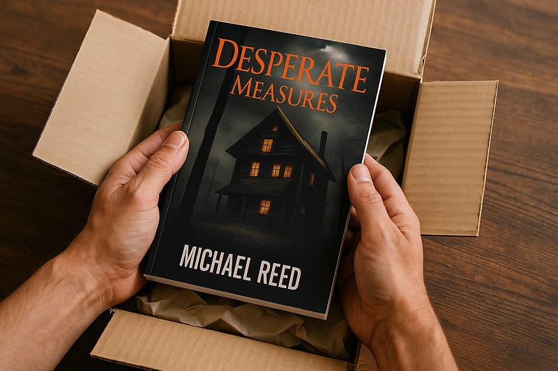 Hands lifting a copy of the book “Desperate Measures” by Michael Reed out of an open cardboard shipping box lined with packing paper, on a wooden table surface.