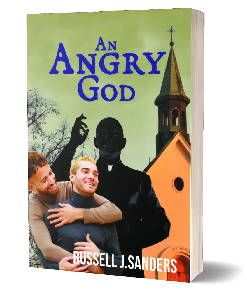 - Devious church scene with silhouette preacher and laughing men for "An Angry God" book cover.