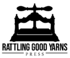 Rattling Good Yarns Press logo featuring a vintage typewriter and yarn skeins.