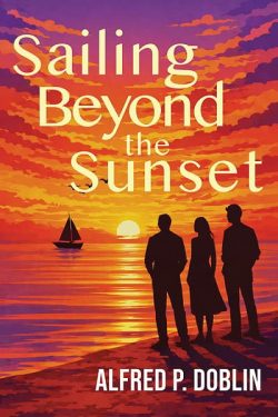 Sunset sailing scene with three people on the beach, vibrant sky, and sailboat.