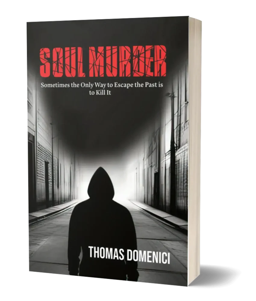 Front cover of "Soul Murder." The cover is an ominous hooded figure in a dark alley.