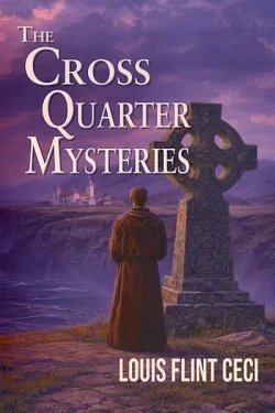 Book cover for "The Cross Quarter Mysteries" by Louis Flint Ceci. A man in a brown hooded robe stands before a large stone Celtic cross, looking out over a misty purple twilight landscape toward a white coastal monastery.